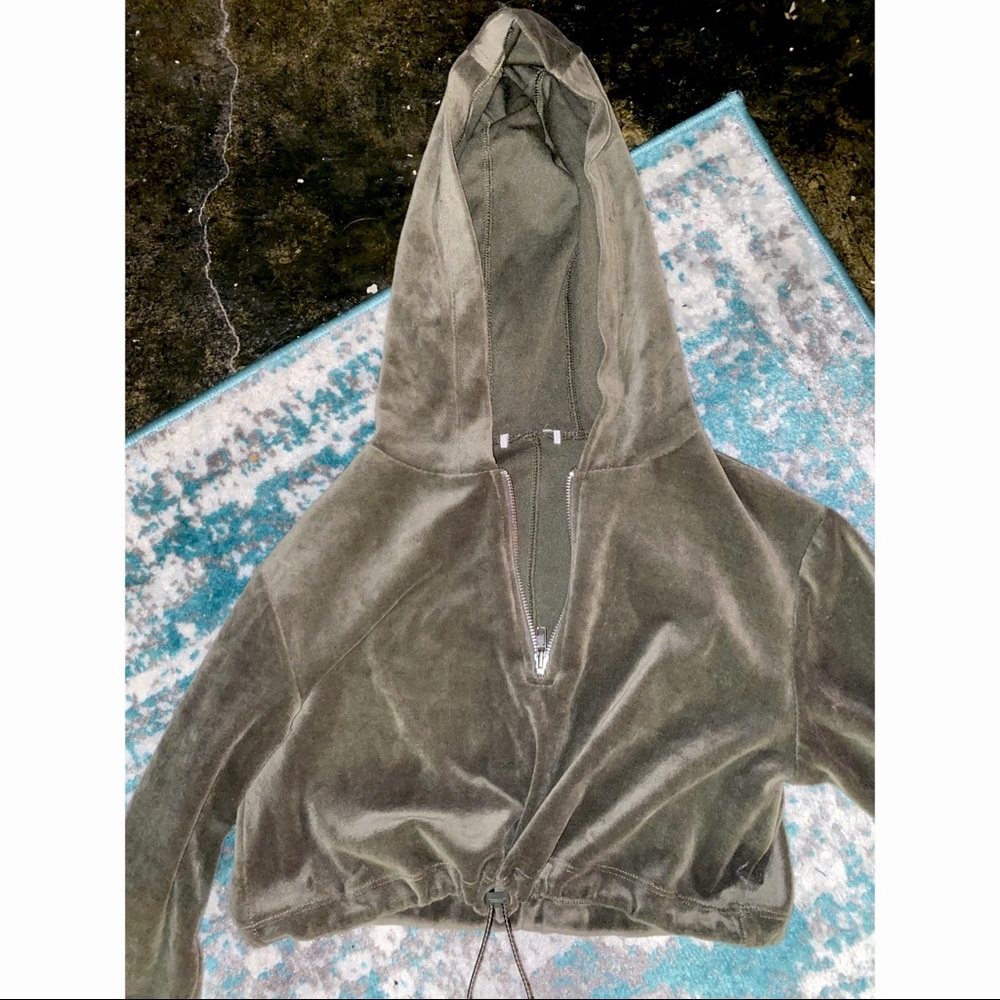 Velour half zip drawstring crop hoodie olive green